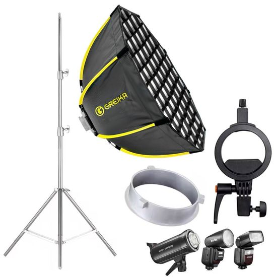 Soft Box 65cm Octa Grid Greika 2 Em 1 Bowens E Suporte Flash com Tripé Inox Soft Box 65cm Octa Grid Greika 2 Em 1 Bowens E Suporte Flash com Tripé Inox