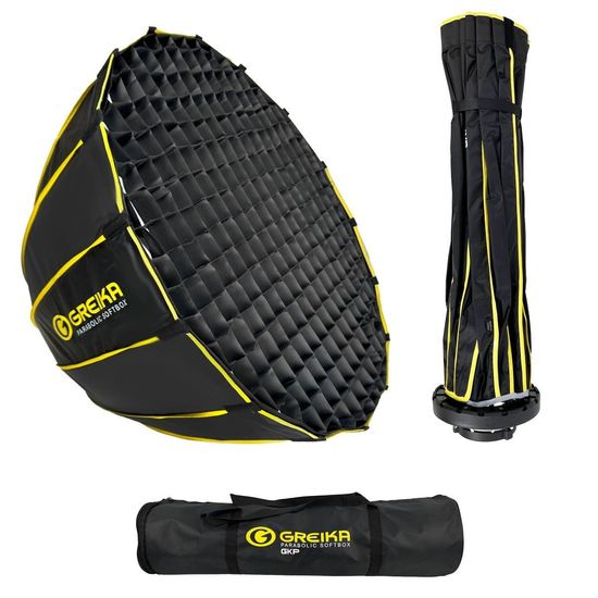 Softbox Parabolico Com Grid 90cm Greika Bowens Montagem Rápida GKP2-90 Preto e Amarelo
